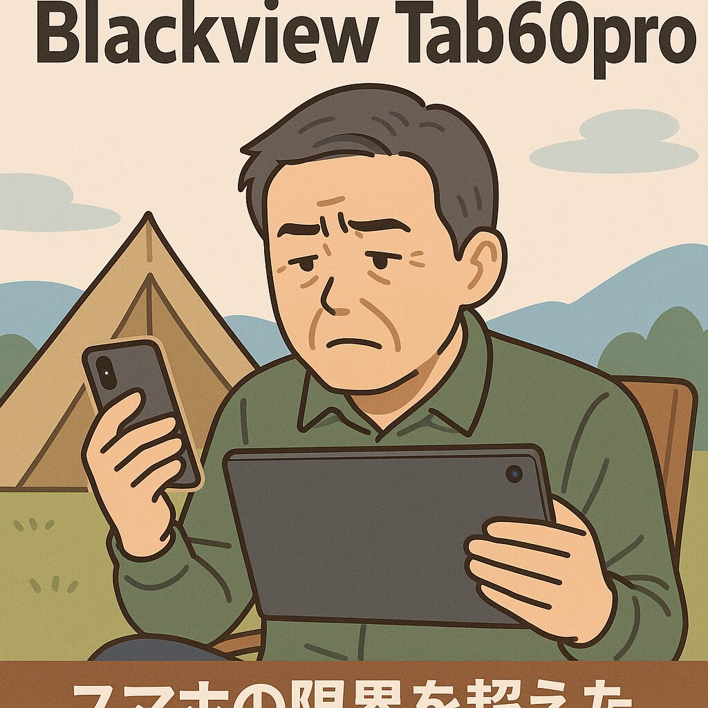 キャンプでタブレットを使うシーン。焚き火
