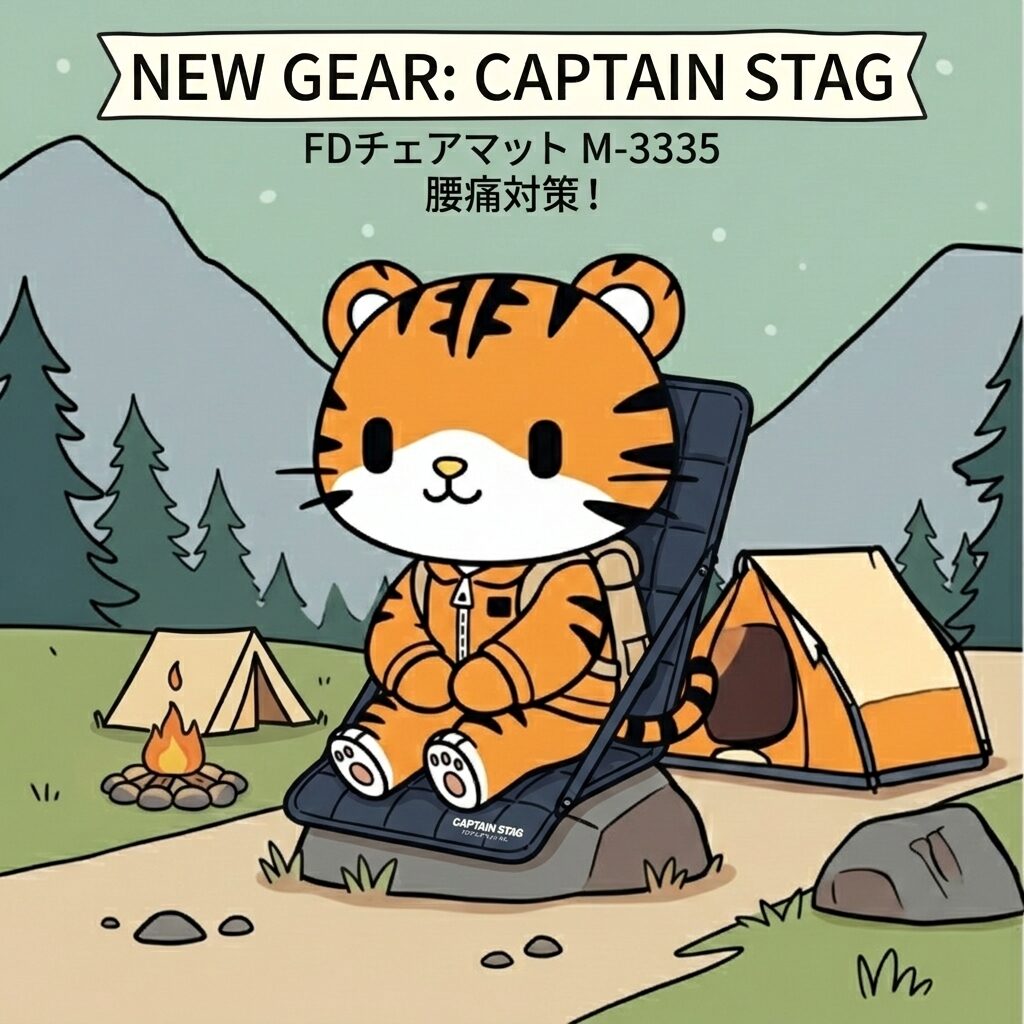 FDチェアマット M-3335 腰痛対策!」と書かれた画像。中央には、オレンジ色のトラのぬいぐるみが、バックパックとつなぎを着て、岩の上に置かれたキャプテンスタッグのFDチェアマットに座っている。トラの後ろにはオレンジ色のテント、左側には小さなティピーテントと焚き火があり、背景には山と森が広がっている。全体的に暖かく親しみやすいイラスト。